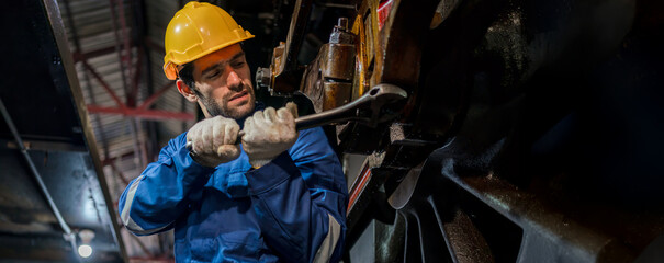 Engineer checking construction process railway and checking work on railroad station . Railway engineer checking machines in train station. Train engineer concept