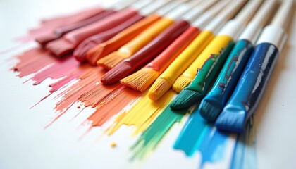 Fototapeta premium Rainbow of paint brushes on white surface