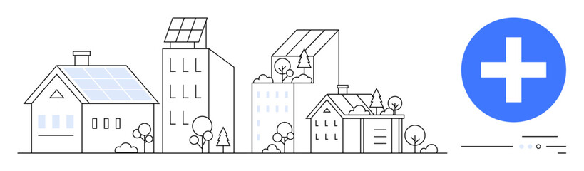 Solar panels on houses and buildings, trees, and bushes representing eco-friendly urban living. Ideal for sustainability, renewable energy, urban planning, green architecture, environmental