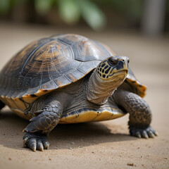 Obraz premium Close-up View of a Striking Yellow-margined Box Turtle on Sandy Ground