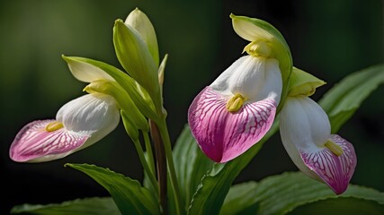 Close-Up of Showy Lady's Slipper Flower in Full Bloom with Pink and White Petals