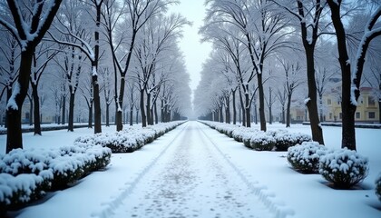 Snowy pathway lined with trees and bushes in a park