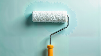 Obraz premium Paint roller on a turquoise background, close-up