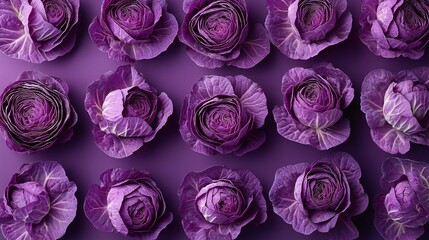 Organic purple cabbages on a deep purple background, minimalist flat lay with crisp details and subtle shadows.