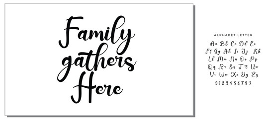 Family gathers here, Wording design, lettering, Family birds silhouettes on branch and heart illustration, artwork design, Modern poster in a frame