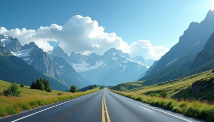 Naklejka premium Long straight road leading through a mountainous valley with majestic snow-capped peaks on either side