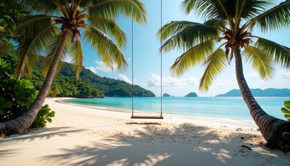 Obraz premium Beautiful serene beach with swinging bench under palm trees