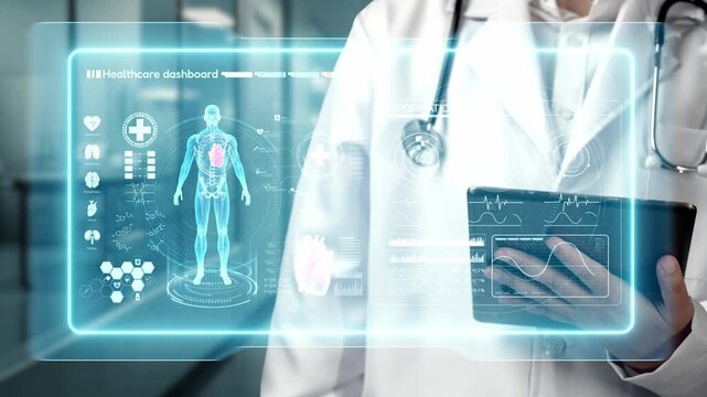 Close up of doctor holding tablet and pointing at human anatomy hologram floating at lab. Medical worker using technology innovation while diagnosis symptom and working with medical data. Remedial.