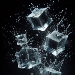 Obraz premium ice cubes with water particles splash in motion air, on black background for overlay 