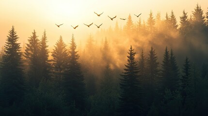 Obraz premium A tranquil image of birds flying in a loose V formation over a quiet forest landscape, drenched in golden morning light, with sharp, realistic textures and fine details in an 8K finish.