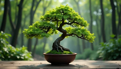 Fototapete Rund Beautiful bonsai tree in a pot on wooden surface © vivekFx