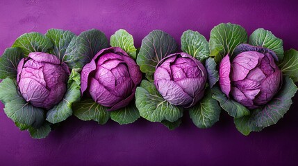 Vibrant purple cabbages arranged symmetrically on a bold purple backdrop, clean and colorful top view