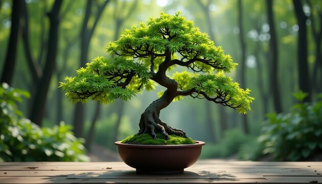 Beautiful bonsai tree in a pot on wooden surface