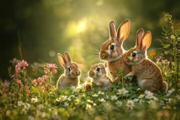 A family of four brown rabbits sits in a field of flowers with a bright sun shining in the background.