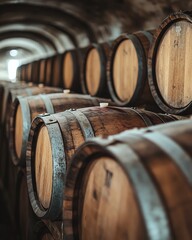 Rows of wooden wine barrels neatly arranged in an underground cellar, dimly lit by soft, ambient lighting, creating a rustic and vintage atmosphere
