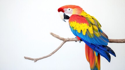 Obraz premium Colorful Macaw Perched On A Branch Against White Background