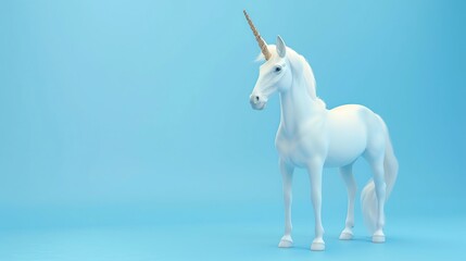 A white unicorn with a golden horn stands against a blue background.