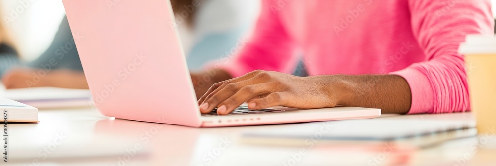 Poster close-up of student typing on laptop during group study session with coffee and notebooks