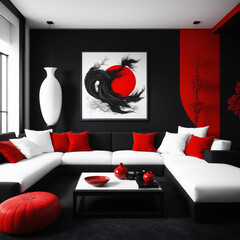 Abstract Waves of Red and Black with living room Bold, high-contrast black and white traditional Japanese aesthetics. contemporary Flowing organic forms and intricate textures
