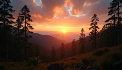 Fototapeta premium Sunset over a mountain range with silhouetted trees in foreground