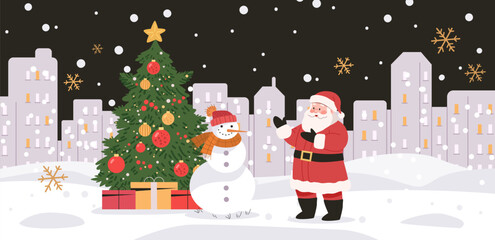 Santa Claus snowman Christmas tree cityscape winter scene snowflakes night festive celebration