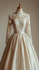 A vintage-style wedding dress with a high lace collar, long sleeves, and a full satin skirt, perfectly set against a warm cream background.