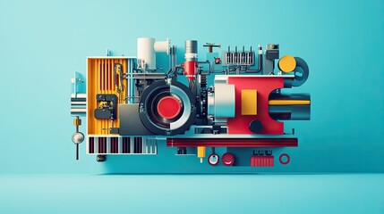 Obraz premium A visually engaging first slide design with a cross-section of a working machine, vibrant colors for key components, and clear spaces for bold headings, wide page layout.