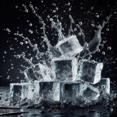 ice cubes with water particles splash in motion air, on black background for overlay
