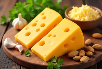 Swiss cheese wedges, cheese and garlic composition, cheese food photography, vintage cheese illustration, parmesan cheese bowl, 