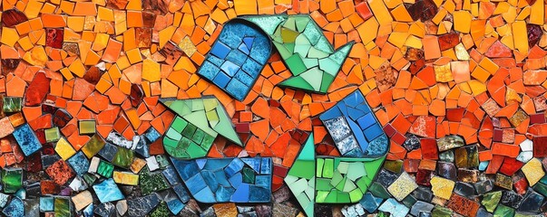 Obraz premium A colorful glass mosaic of the recycling symbol on a lively orange background, with intricate designs representing ecoconsciousness and recycling efforts