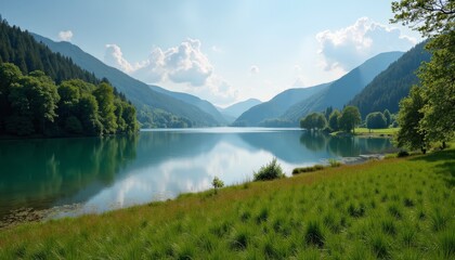 Naklejka premium A serene mountain lake with clear blue waters reflecting the landscape on a sunny day