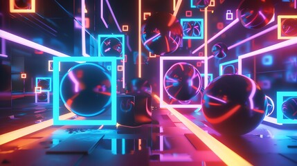 An abstract, 3D render of neon lights and spheres in a futuristic space.