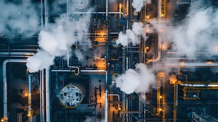 Aerial View of Industrial Complex Steam and Pipes