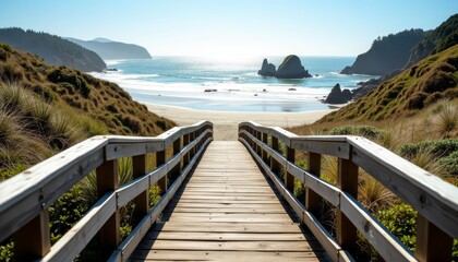 Naklejka premium A serene wooden boardwalk leading to a picturesque beach on a sunny day