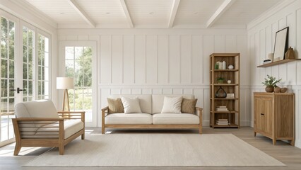 Light Airy Living Room Interior Design Modern Farmhouse Style Sofa Wooden Furniture