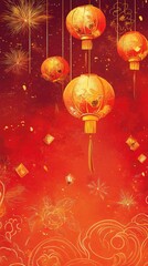 Celebrate Chinese New Year with a striking poster showcasing a vibrant red background. The design features dazzling golden fireworks, glowing lanterns, and finely crafted Chinese characters