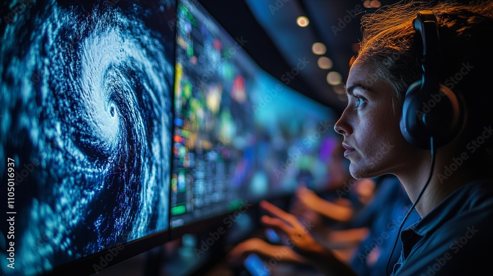 Aufkleber focused meteorologists analyzing weather patterns in modern control room