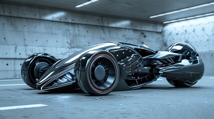 A futuristic black sports car with sleek, sharp lines.