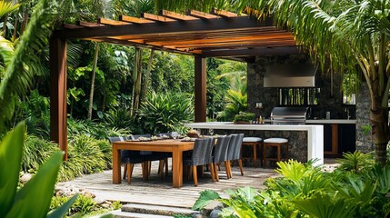 Obraz premium Tropical outdoor kitchen and dining area with pergola.