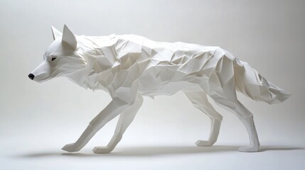 White Paper Origami Wolf Sculpture Art