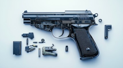 Create a dynamic image of a black 54 pistol positioned flat but partially disassembled, showing internal components, on a white background. Highlight the mechanical elegance