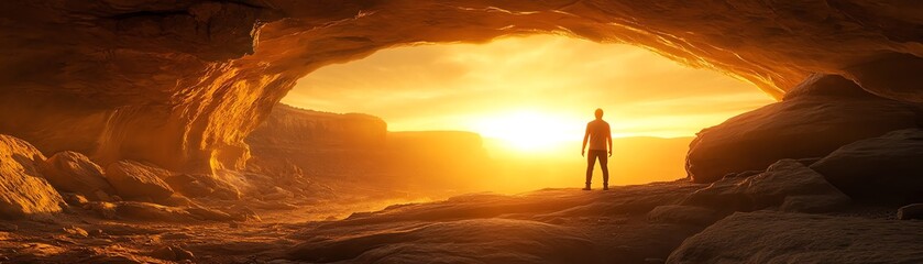 A lone man silhouetted against the warm colors of a sunset at the entrance of a cave, with light streaming through the natural arch