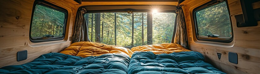 A van interior with sleeping bags spread out on the floor, ready for an overnight camping trip in the woods, with natural light streaming through the windows