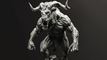 A 3D render of a monstrous creature with horns and claws.