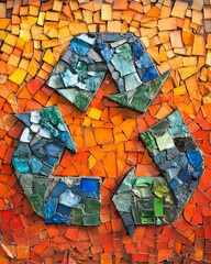 A vivid mosaic made of recycled glass, forming the recycling symbol against a bold orange background, conveying the message of environmental conservation