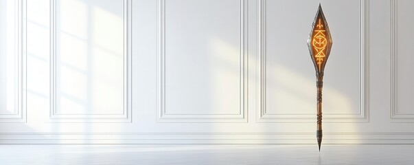 A magical tribal spear with glowing runes, suspended mid-air in a minimalist white room, representing power and mystery