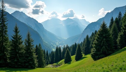 Obraz premium Beautiful mountain valley with pine trees and green meadow