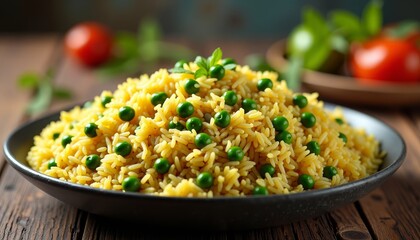 A bowl of yellow rice with green peas