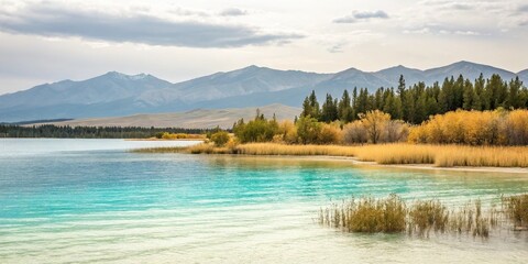 landscape painting featuring a serene lake with yellow tan blue teal watercolor strokes, peaceful landscapes, serene atmosphere, natural beauty