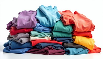A colorful stack of folded t-shirts